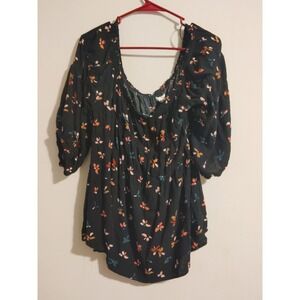 Maurices Women Black Floral Blouse Smocked Off The Shoulder 3/4 Sleeve Fairy 2x